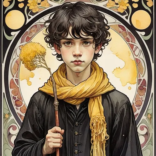 Prompt: art nouveau. style: mucha.  watercolor illustration. a boy with messy black hair, wearing a black robe, carrying a wand, 
with a yellow and marroon knitted scarf wrapped around her neck