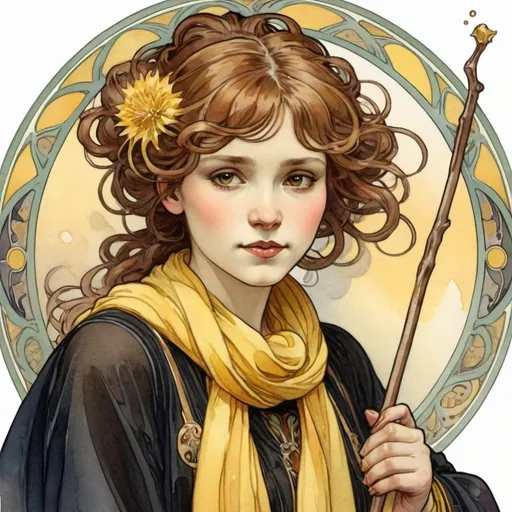 Prompt: art nouveau. style: mucha.  watercolor illustration
. a girl holding a wand, she has very bushy hair, overlarge teeth. she wears a black robe with a yellow and marroon knitted scarf wrapped around her neck