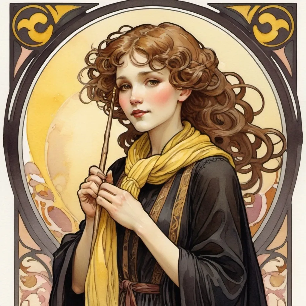 Prompt: art nouveau. style: mucha.  watercolor illustration
. a girl holding a wand, she has very bushy hair, overlarge teeth. she wears a black robe with a yellow and marroon knitted scarf wrapped around her neck