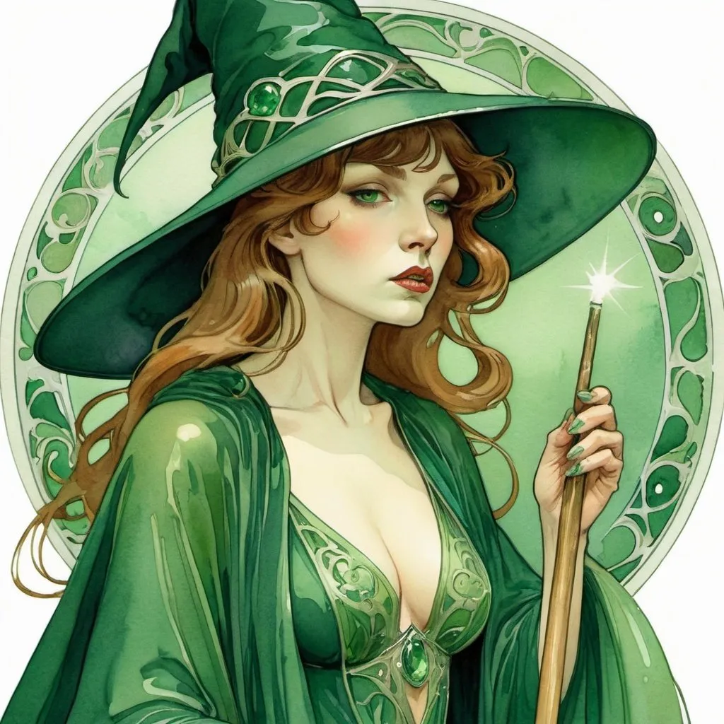 Prompt: art nouveau. style: mucha.  watercolor illustration. a tall woman with an emerald green robe on, and a witch's green pointy hat. She holds a wand and her lips are very narrow as if in anger and disappointment.