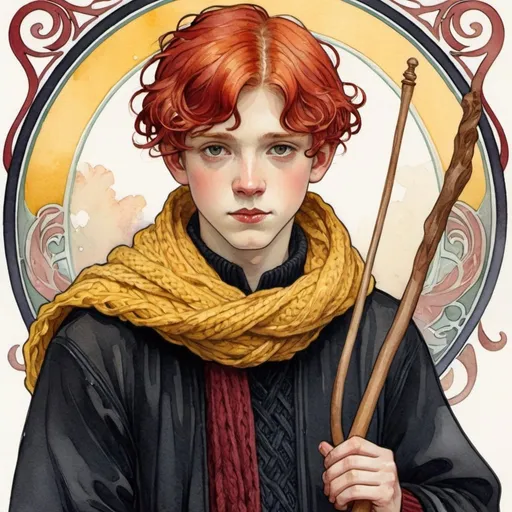 Prompt: art nouveau. style: mucha.  watercolor illustration. a boy with red  hair, wearing a black robe, carrying a wand, a marroon sweater,with a yellow and marroon knitted scarf wrapped around her neck