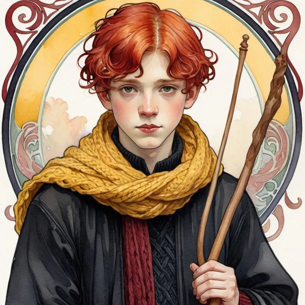 Prompt: art nouveau. style: mucha.  watercolor illustration. a boy with red  hair, wearing a black robe, carrying a wand, a marroon sweater,with a yellow and marroon knitted scarf wrapped around her neck