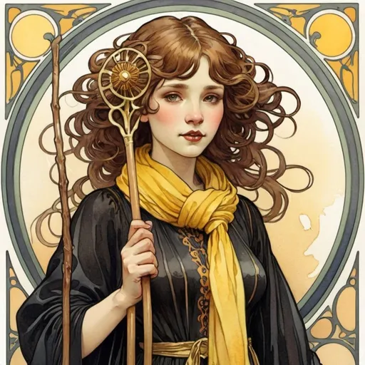 Prompt: art nouveau. style: mucha.  watercolor illustration
. a girl holding a wand, she has very bushy hair, overlarge teeth. she wears a black robe with a yellow and marroon knitted scarf wrapped around her neck