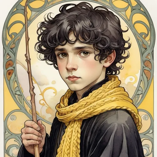 Prompt: art nouveau. style: mucha.  watercolor illustration. a boy with messy black hair, wearing a black robe, carrying a wand, 
with a yellow and marroon knitted scarf wrapped around her neck