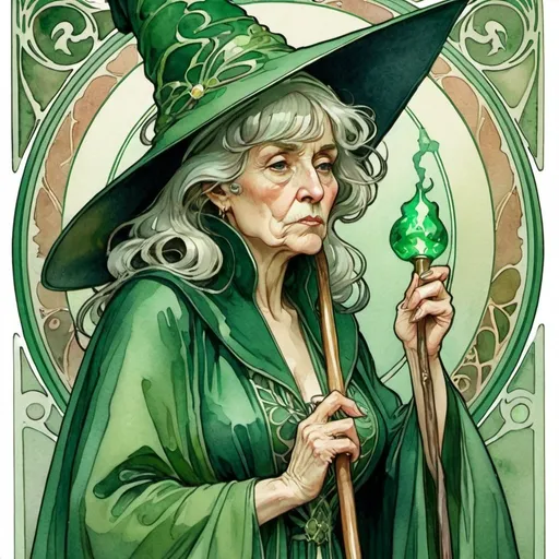 Prompt: art nouveau. style: mucha.  watercolor illustration. a tall elderly
 woman with an emerald green robe on, and a witch's green pointy hat. She holds a wand and her lips are very narrow as if in anger and disappointment.