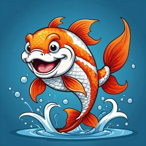Prompt: A cartoon koi fish jumping out of water with a grin on its face