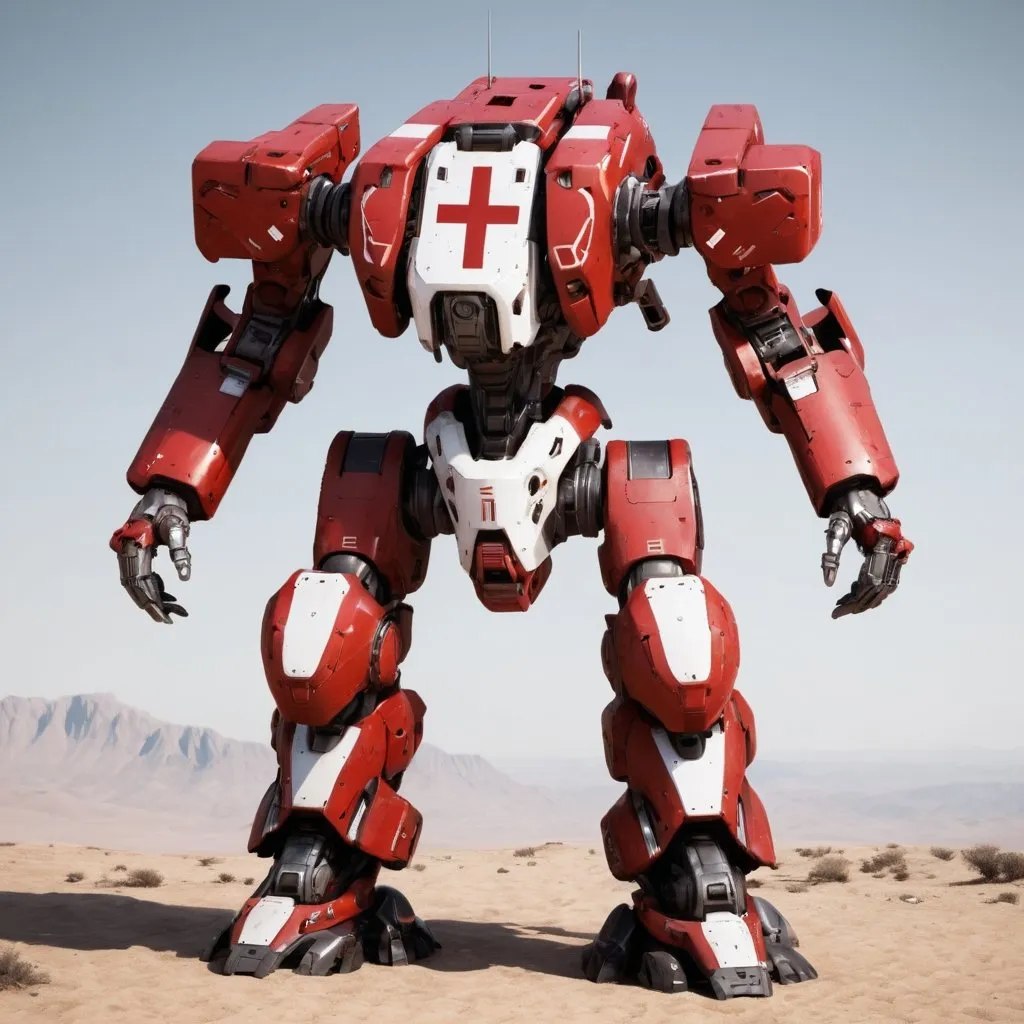 combat Mech, red with white cross, non humanoid, awe...