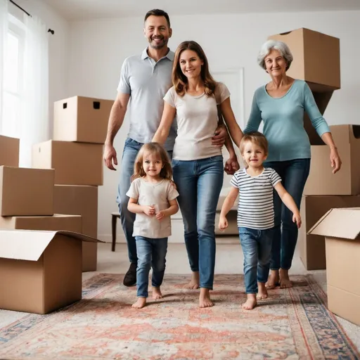 Prompt: a family mom, dad,grandma and 2 children move new home with their carpets