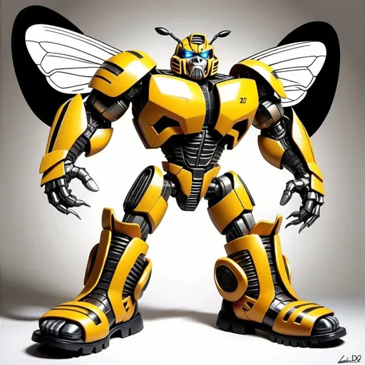 Prompt: Transformer Bumble Bee, comic book, soles of his big feet, 2D art