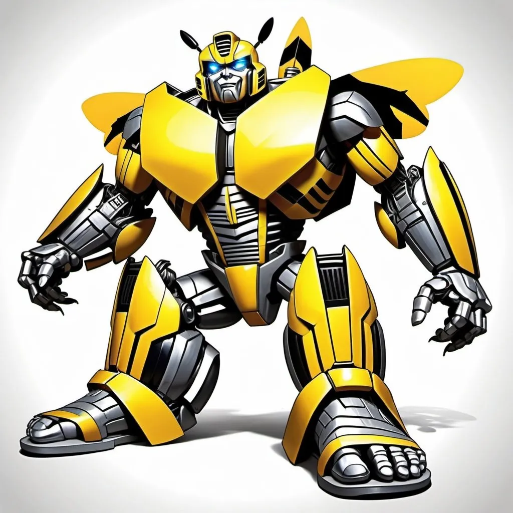 Prompt: Transformer Bumble Bee, comic book, soles of his big feet, 2D art