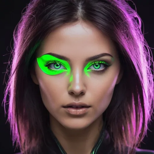 Prompt: woman with bright green neon eyes futuristic 