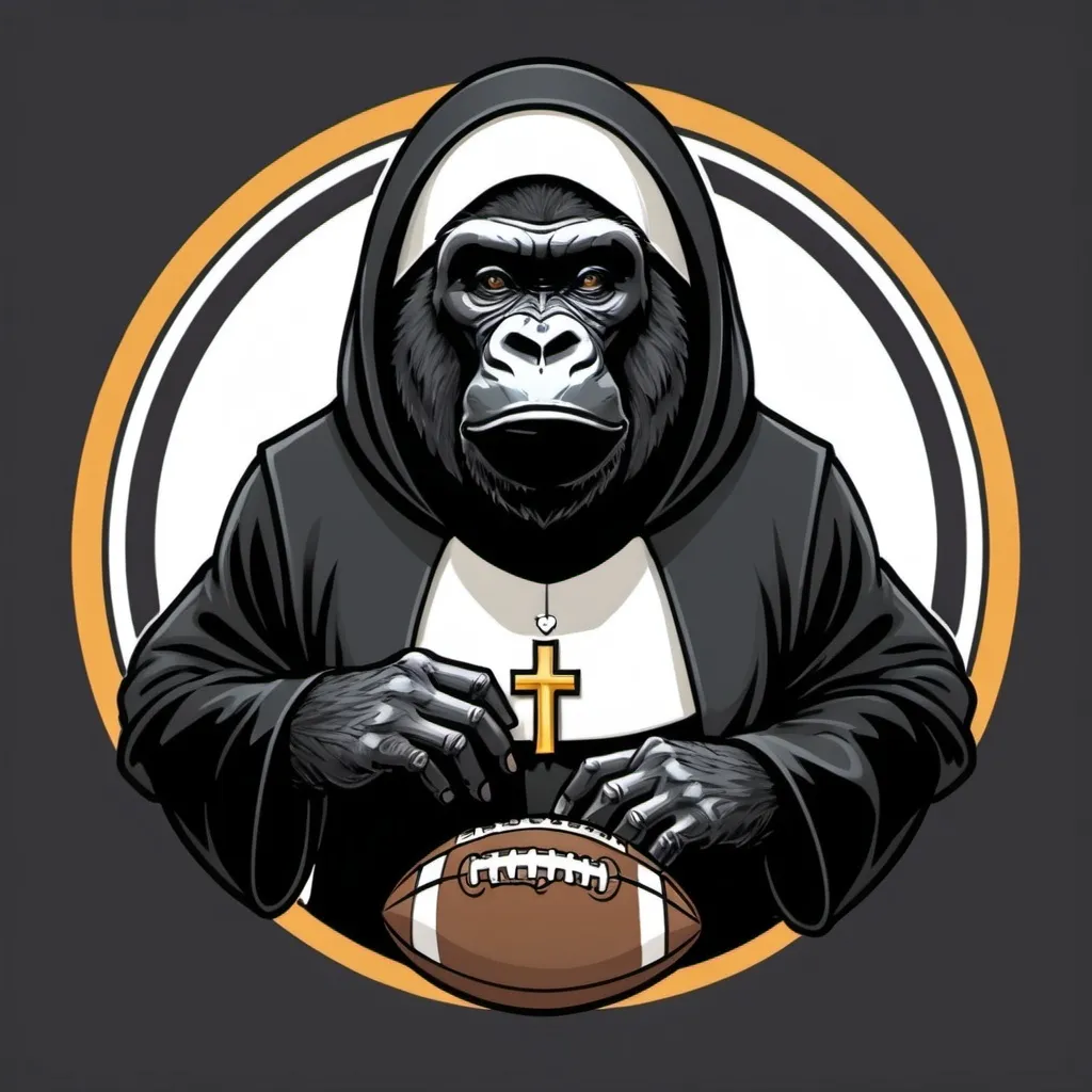 Prompt: A fantasy football logo, 2D of a Gorilla dressed as a Nun holding a football


