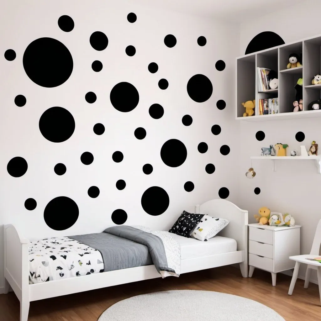 Prompt: Bedroom wall for kids with vinyl black circle decorations