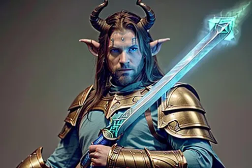 Prompt: Tiefling male, skin is a pale blue color, twisting horns on head, long brown hair and a short beard, paladin, wielding a greatsword that has a pale green glow, tawny and green armor with a golden crest of eagle on chest plate , casting magic