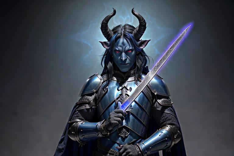 Prompt: Blue skinned Tiefling male, wearing plate mail armor, eyes glow brightly crimson colored eldritch magic, twisting black rams horns on head, long brown hair and a short beard, paladin, ornate black suit of armor, wielding a large greatsword, the sword emits a pale green glow, magenta fireball in left hand