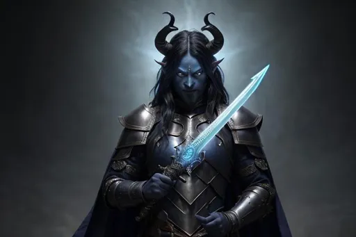 Prompt: Blue skinned Tiefling male, heavily armored, eyes glow brightly with bright crimson colored eldritch magic, twisting black rams horns on head, long brown hair and a short beard, paladin, ornate black suit of armor, wielding a large greatsword, the sword emits a pale green glow,