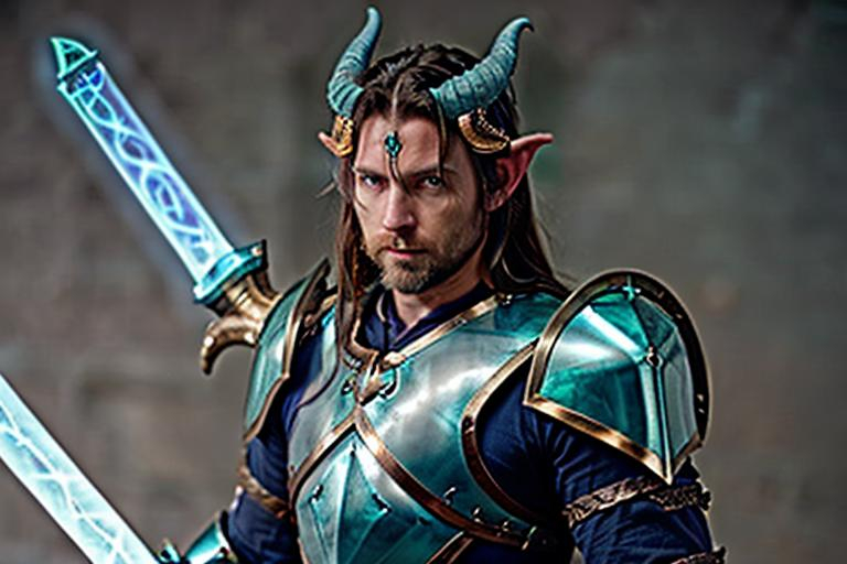 Prompt: Tiefling male, skin is a pale blue color, twisting horns on head, long brown hair and a short beard, paladin, wielding a greatsword that has a pale green glow, tawny and green armor with a golden crest of eagle on chest plate , casting magic