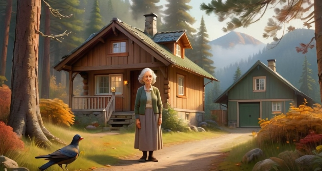 Prompt: Clara in front of her cottage, standing (Clara Jacobs, an older woman), small cottage surrounded by tall pine trees, birds in a quiet mountain town, serene atmosphere, (warm lighting), (autumn tones), morning light casting soft shadows, misty mountain background, detailed forest flora, high-resolution, ultra-detailed, scenic, cozy and inviting, photorealistic.