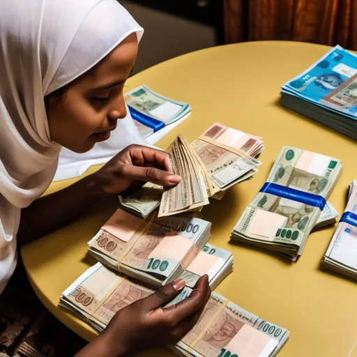 Prompt: light skin Sudanese girl counting bank  notes that include 1000 Sudanese pound, 100 usd, 500 sar and 1000 uad banknotes