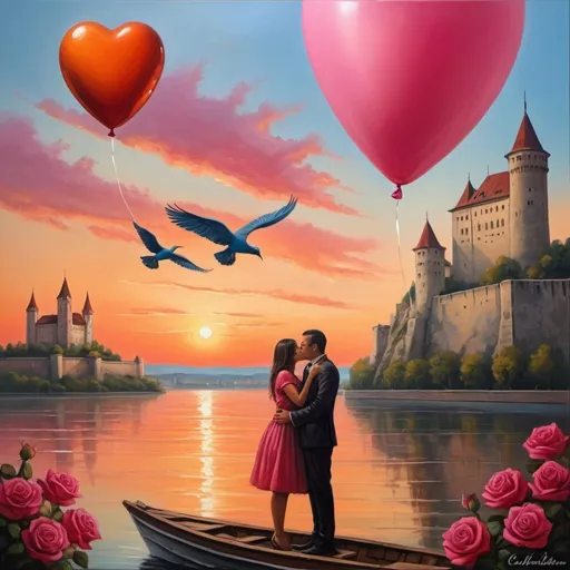 Prompt: Infatuated couple on the Danube, in the shadow of a fortress, with a majestic bird flying high above, under a flag bearing the word MA, oil painting, vibrant and surreal, warm tones, dreamy lighting, detailed expressions, high quality, oil painting, surreal, vibrant tones, detailed faces, Danube river, fortress shadow, majestic bird, and  one kiss and one most buetiful pink and red sunset and holding hands and one Balloon with name Love and with a bing o roses and burst of pink color flowers and with
real love and with one boat