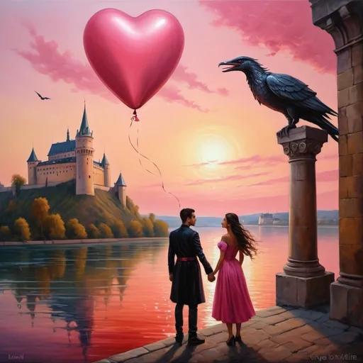 Prompt: Infatuated couple on the Danube, in the shadow of a fortress, with a majestic bird flying high above, under a flag bearing the word MA, oil painting, vibrant and surreal, warm tones, dreamy lighting, detailed expressions, high quality, oil painting, surreal, vibrant tones, detailed faces, Danube river, fortress shadow, majestic bird,  one kiss and one most buetiful pink and red sunset and holding hands and one Balloon with name Love and with a bing o roses   with one boat and with one love dragon  with one witch of love and one wizard and with one love clock and with imagine in SPace and with one elf of love and with one knight and with one beutiful princess 