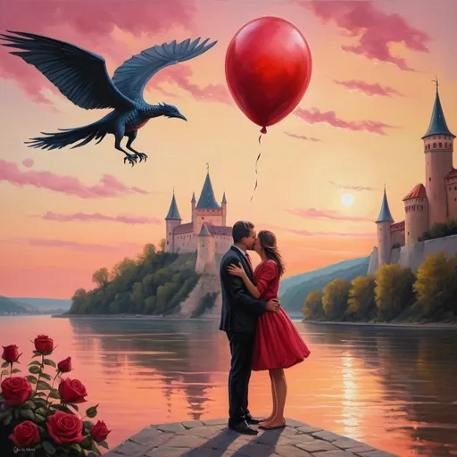 Prompt: Infatuated couple on the Danube, in the shadow of a fortress, with a majestic bird flying high above, under a flag bearing the word MA, oil painting, vibrant and surreal, warm tones, dreamy lighting, detailed expressions, high quality, oil painting, surreal, vibrant tones, detailed faces, Danube river, fortress shadow, majestic bird,  one kiss and one most buetiful pink and red sunset and holding hands and one Balloon with name Love and with a bing o roses   with one boat and with one love dragon  with one witch of love and one wizard 