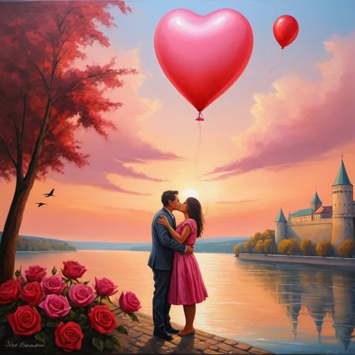 Prompt: Infatuated couple on the Danube, in the shadow of a fortress, with a majestic bird flying high above, under a flag bearing the word MA, oil painting, vibrant and surreal, warm tones, dreamy lighting, detailed expressions, high quality, oil painting, surreal, vibrant tones, detailed faces, Danube river, fortress shadow, majestic bird, and  one kiss and one most buetiful pink and red sunset and holding hands and one Balloon with name Love and with a bing o roses and burst of pink color flowers and with
real love and with one boat