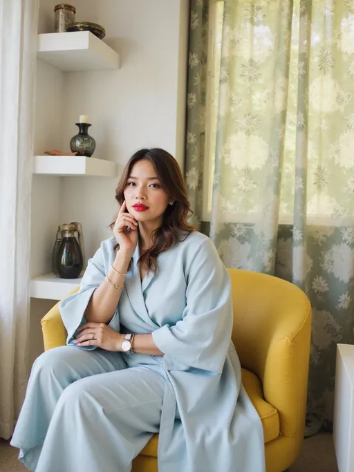 Prompt: In a serene room filled with soft natural light, a woman exudes elegance while seated on a plush yellow chair. Dressed in a flowing light blue outfit, she rests her arms gracefully, showcasing delicate bracelets and a stylish watch. Her long hair cascades over one shoulder, complementing her poised demeanor, while bold red lipstick adds a striking contrast to her soft features. Behind her, a neatly arranged space features decorative items on floating shelves, and floral-patterned curtains imbue the scene with a touch of tranquility, enhancing the overall inviting atmosphere. The mood is one of calm confidence, inviting the viewer to engage with her quiet charm.