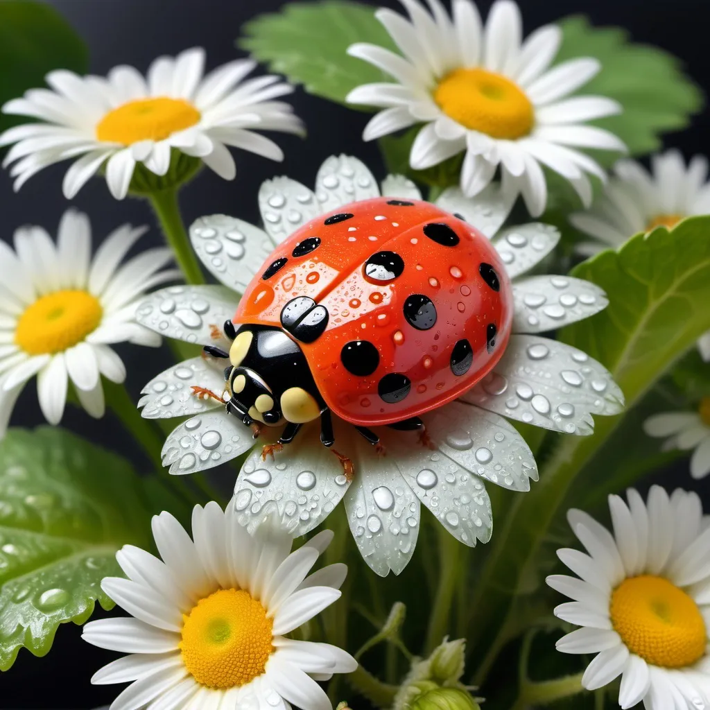 Prompt: a golden ladybug with silver spots is sitting on a watermelon in a bouquet of daisies in the rain