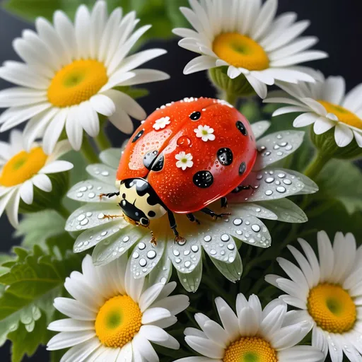 Prompt: a golden ladybug with silver spots is sitting on a watermelon in a bouquet of daisies in the rain