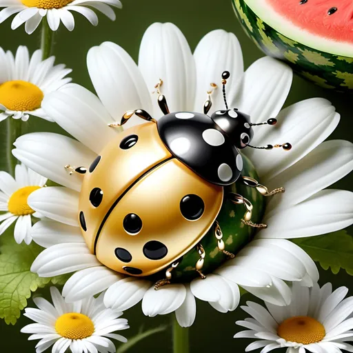 Prompt: a golden ladybug with silver spots is sitting on a watermelon in a bouquet of daisies