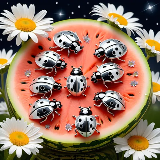 Prompt: six silver ladybugs with golden spots are arranged in a circle while sitting on a watermelon in a bouquet of daisies in the rain under shooting stars