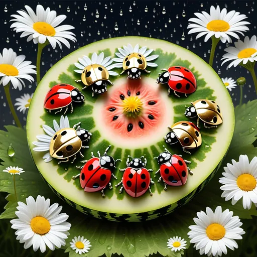 Prompt: six silver ladybugs in with golden spots arranged in a circle sitting on a watermelon in a bouquet of daisies in the rain under the stars