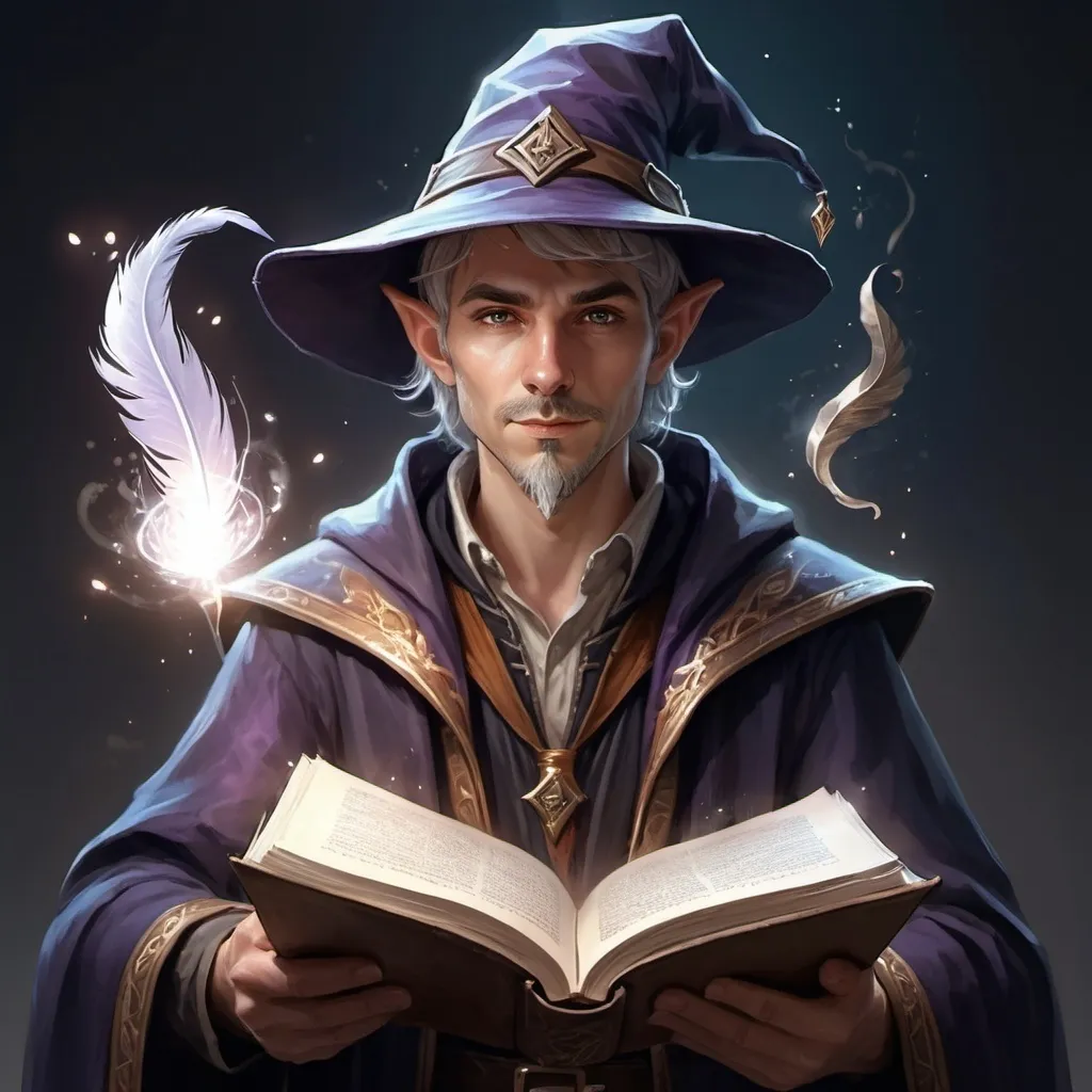 Prompt: adult male wizard, short elf ears, short hair, medium stubble facial hair, wizard hat with feather and a brim, surrounded with magic whisps, spell book in hand dnd style