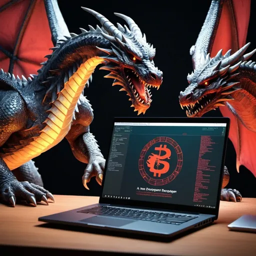 Prompt: im a game developer , create an image that show a laptop fighting with a dragon with crypto weapon , also show some coding script in the background