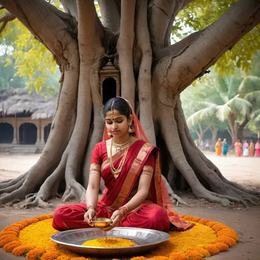 Prompt: Here is a prompt you can use for generating a text-to-image for "Vat Savitri Vrat," incorporating key elements of this Hindu festival:

---

**Prompt:** 

"Create an image depicting the Hindu festival of Vat Savitri Vrat. The scene should show a married woman dressed in traditional Indian attire, performing rituals under a banyan tree (Vat Vriksha). She should be offering prayers, tying sacred threads around the tree, and holding a thali (plate) with holy items such as flowers, red thread, and a small lamp. The background can include a serene temple setting, other women participating in the rituals, and a vibrant, festive atmosphere. The image should capture the essence of devotion, tradition, and cultural significance."

---

This prompt aims to convey the various elements and cultural aspects of Vat Savitri Vrat, ensuring the generated image reflects the festival's importance and traditional practices.