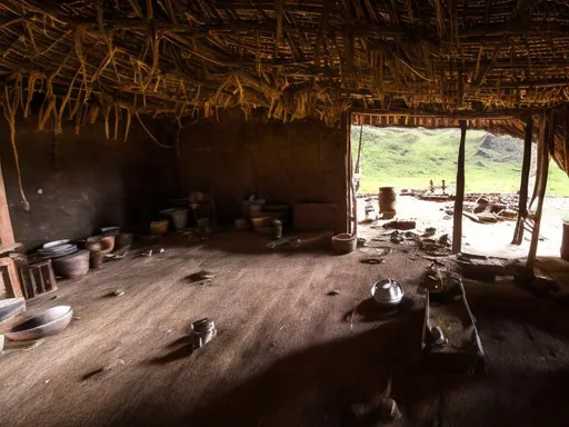 Prompt: inside a dirty and damaged hut