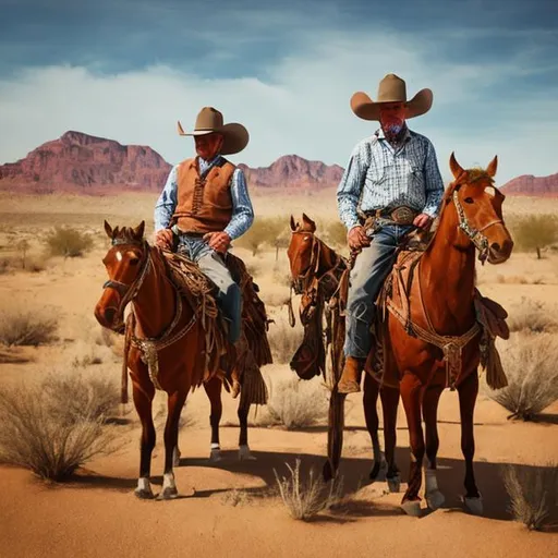 Prompt: folk art of cowboys in the desert



