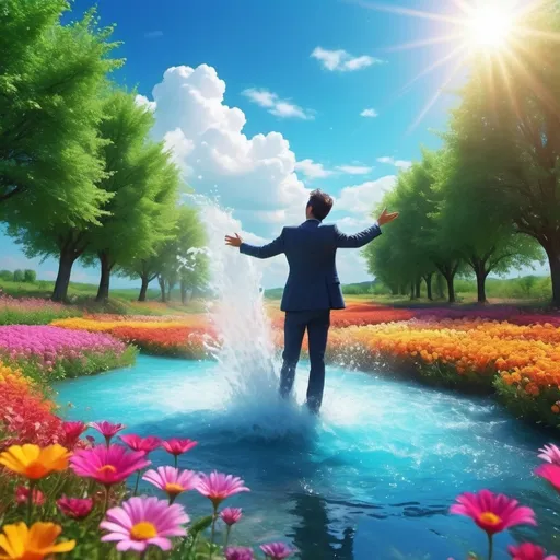 Prompt: Regular man casting water magic in a windy open flower field 