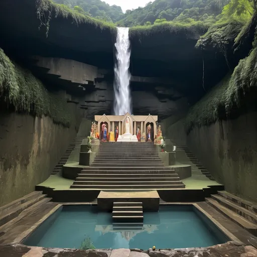 Prompt: A series of pools at the bottom of a waterfall with an altar on the hill above