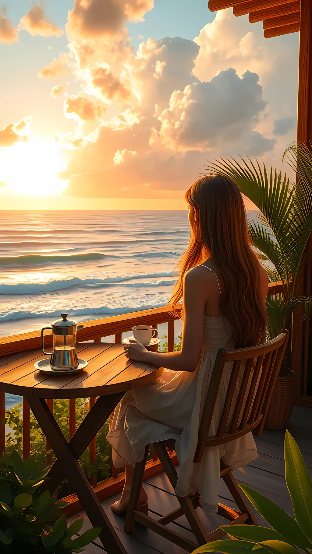 Prompt: A beautiful seaside scene with a wooden balcony overlooking the ocean, featuring a wooden table and chairs. A girl with long, flowing hair sits on one of the chairs, wearing a light summer dress. She gazes thoughtfully out at the ocean, her posture relaxed and serene. The balcony is surrounded by lush green foliage, and a palm tree is visible to the side. On the table, there are a coffee pot, a cup, and a plate, with the warm sunlight casting soft shadows. The ocean waves gently crash against the shore, and the sky is filled with dramatic clouds illuminated by the warm, golden light of the setting sun