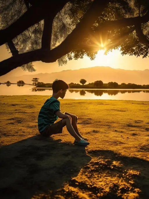 Prompt: A boy who is dipressed and fell very lonely  sit under a tree with his friend for a dramatic life in the light was dark because of sunset 