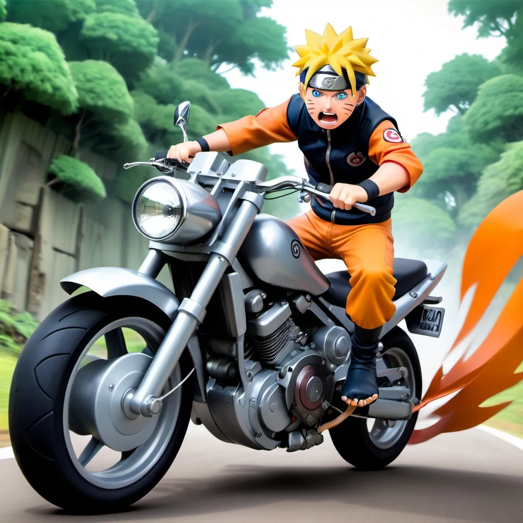 Prompt: naruto riding motorcyle angrily