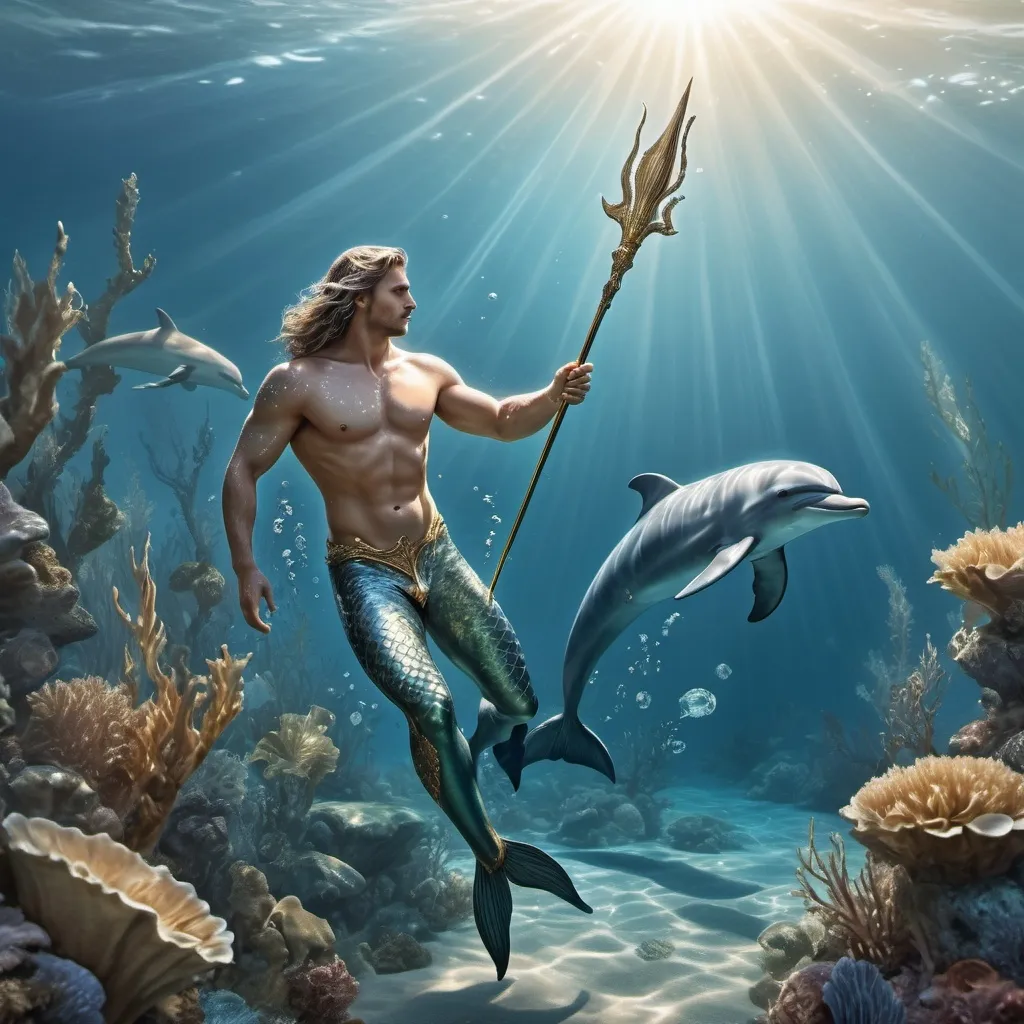 Prompt: Realistic depiction of a majestic merman with spear in the ocean, swimming along side a dolphin, sunlight streaming through the water, detailed underwater flora and fauna, crystal clear water, high quality, ultra-realistic, realism, detailed scales and fins, intricate ocean floor, serene lighting, tranquil atmosphere,  sunlight through water, detailed underwater scene, crystal clear water, realistic style