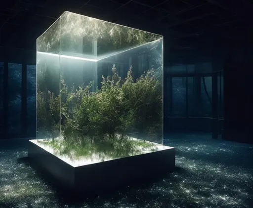 Prompt: A photo that looks realistic and mysterious is suspended in a glass cube. The photo is of high quality, with exquisite detailing and full HD resolution. The cube is illuminated by a soft, gentle backlight that creates a heavenly light in the dark space. The glass plate adds to the mysterious atmosphere, and the photo has an ethereal glow. The lighting is gentle, and the ambiance is mystical. Overall, the image is detailed and realistic, with a soft light that highlights its beauty.