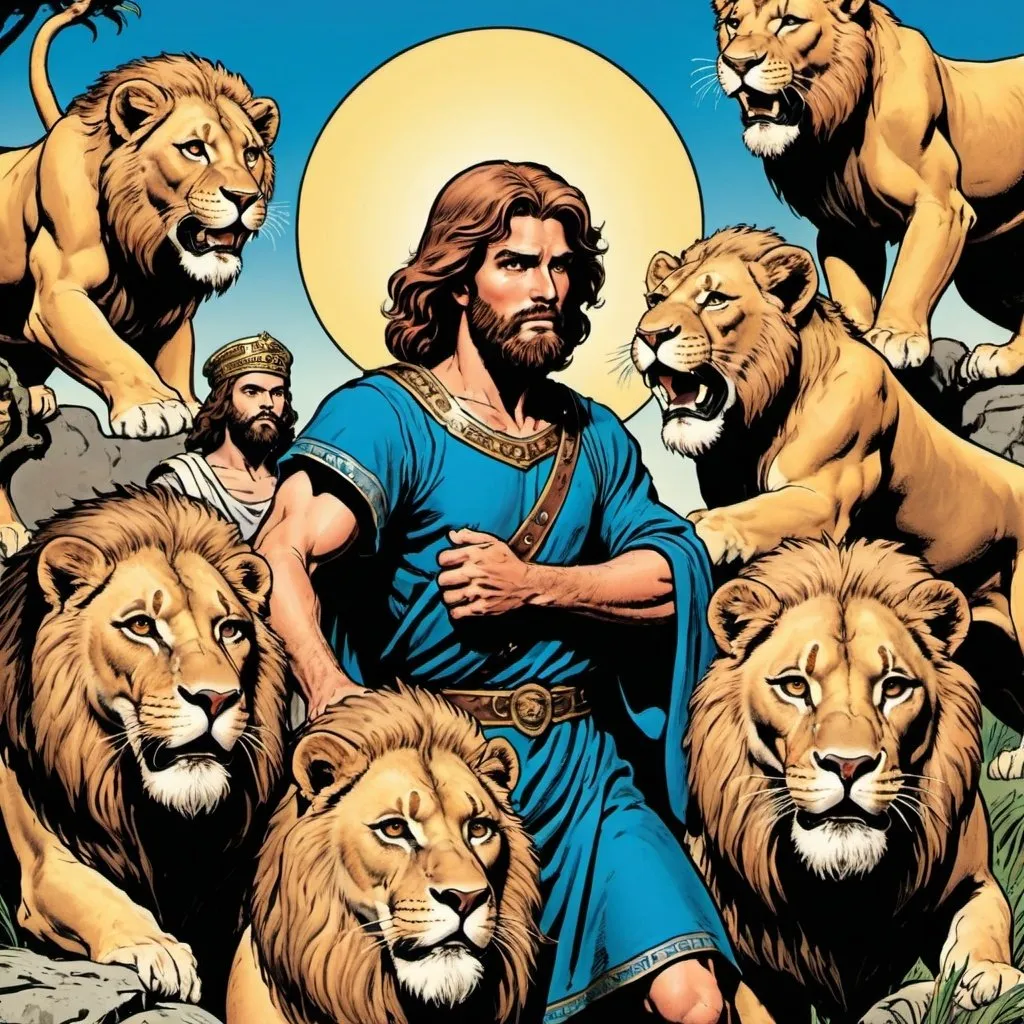 Prompt: Retro comic style art, comic book cover, detailed image of Daniel and the lions from the bible