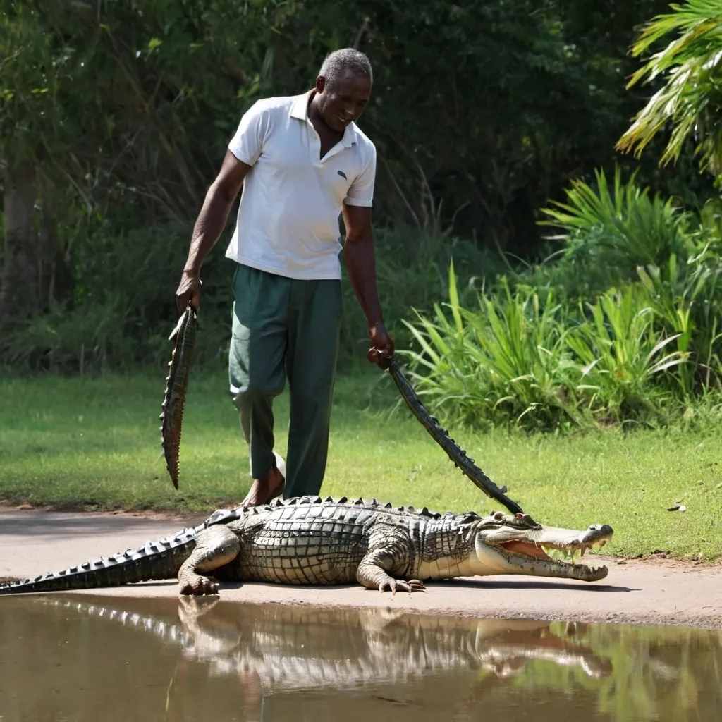 Prompt: A man taking a crocodile for a morning walk 