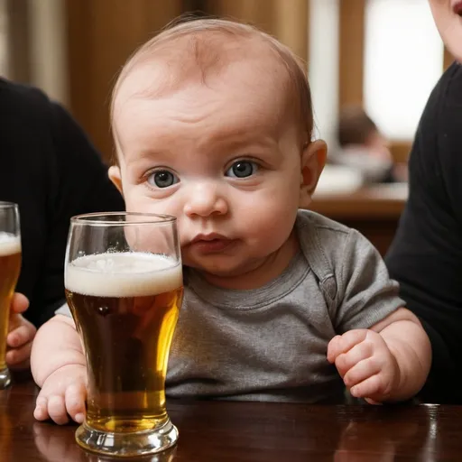 Prompt: baby holding beer glass