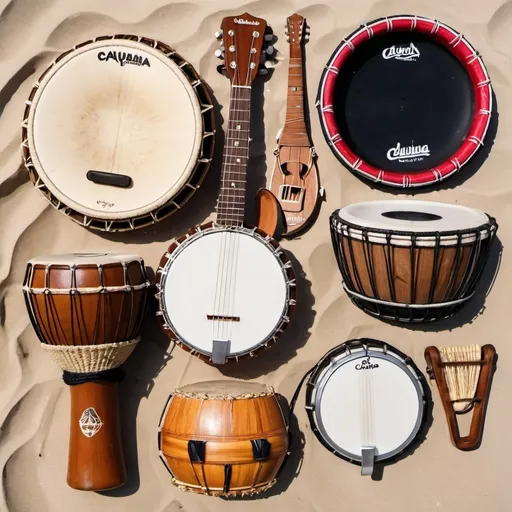 Prompt: Quero uma imagem com varios instrumentos usados no samba timbau cavaquinho e pandeiro  e ao fundo uma praia samba de roda
