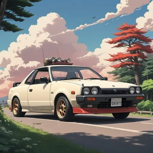 Prompt: 2d studio ghibli anime style, anime scene, vintage Nissan drift 